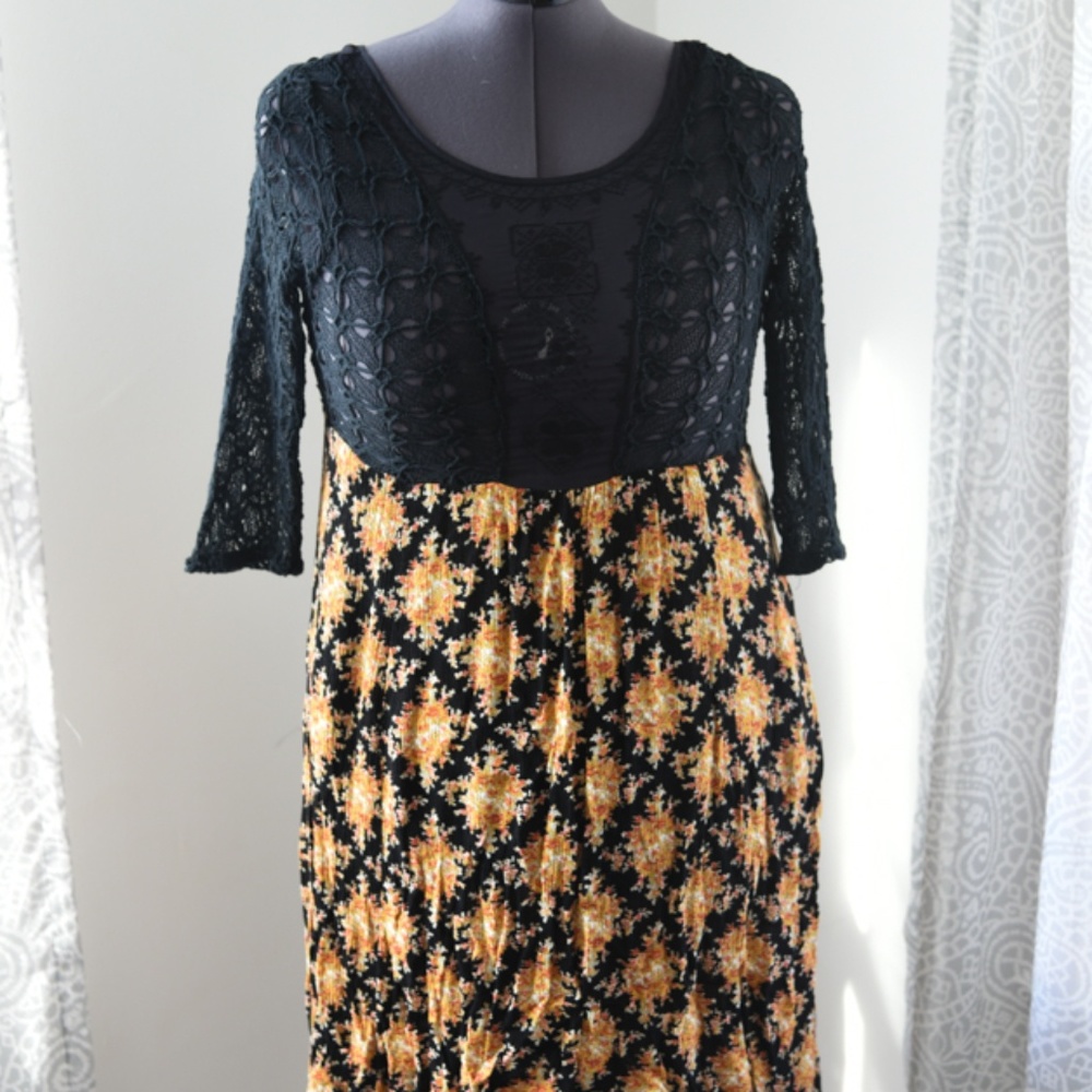 Free People Black Lace Top with Black and Gold Floral Midi Skirt